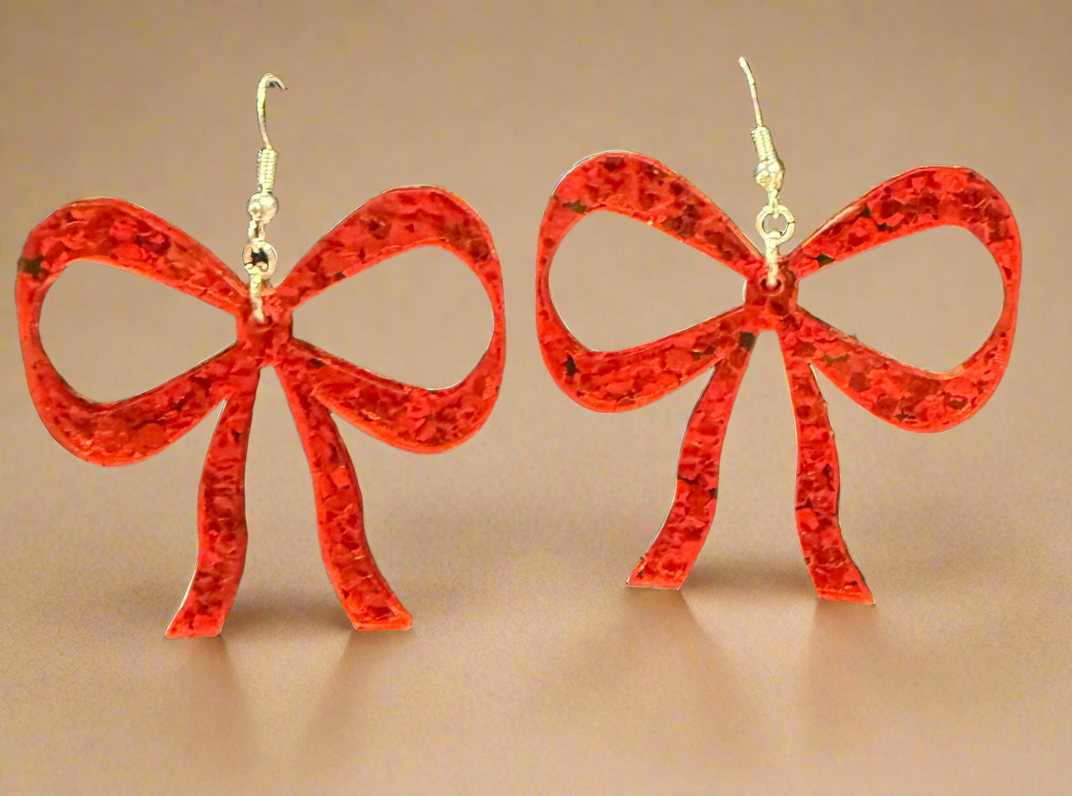 Acyrlic Red Glitter Bow Earring